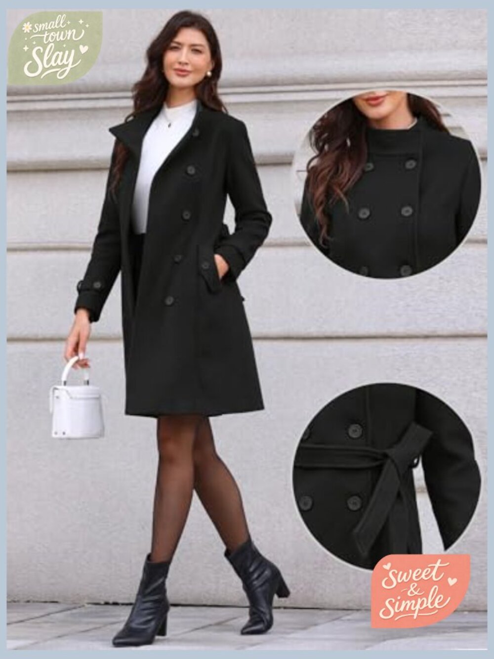Stand Collar Double Breasted Pea Coat Long Winter Coat with Belt - Picture 2 of 6